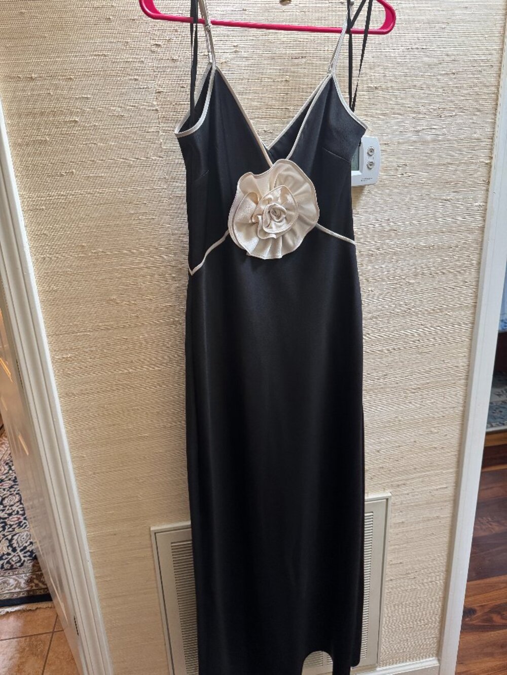 Gianni Bini Black & Cream Rosette Maxi Dress Satin Slip Dress Size 4 - Picture 3 of 7